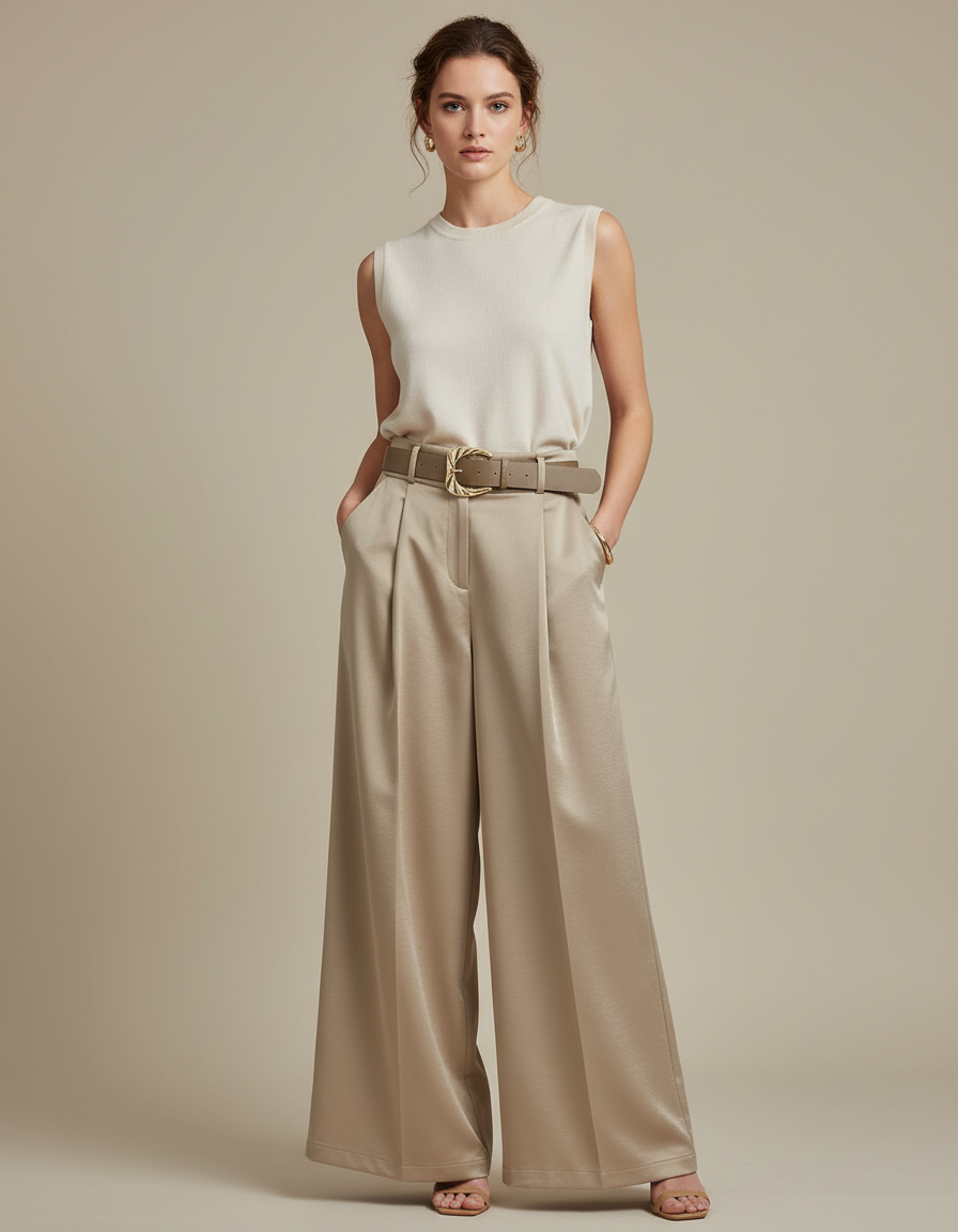 Pantalon À Pince Satiné Beige Plissé Fluide Élégant