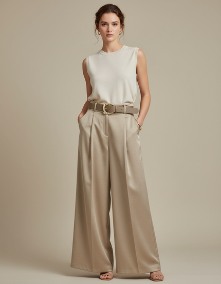 Pantalon À Pince Satiné Beige Plissé Fluide Élégant