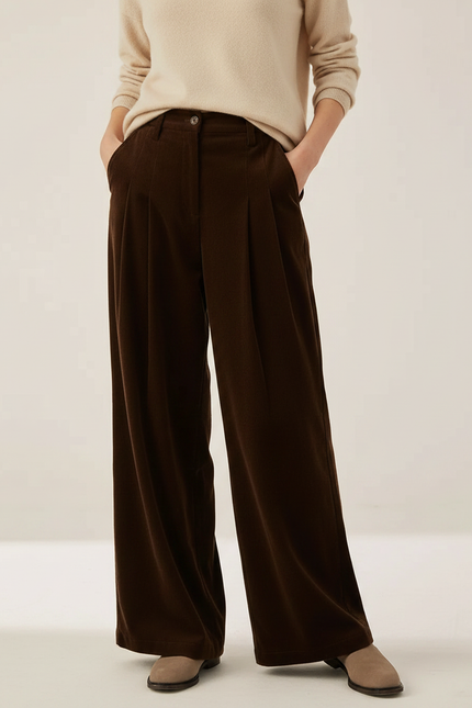Pantalon À Pince Marron Côtelé Ample Taille Haute Femme - Cordé