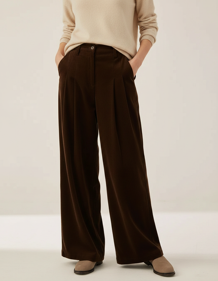 Pantalon À Pince Marron Côtelé Ample Taille Haute Femme - Cordé
