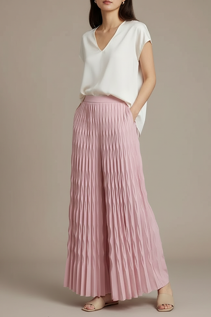 Pantalon À Pince Rose Plissé Fluide Ample Femme - Polyester