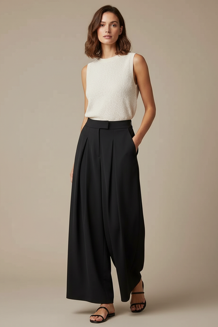 Pantalon À Pince Noir Ample Plissé Fluide Femme - Polyester