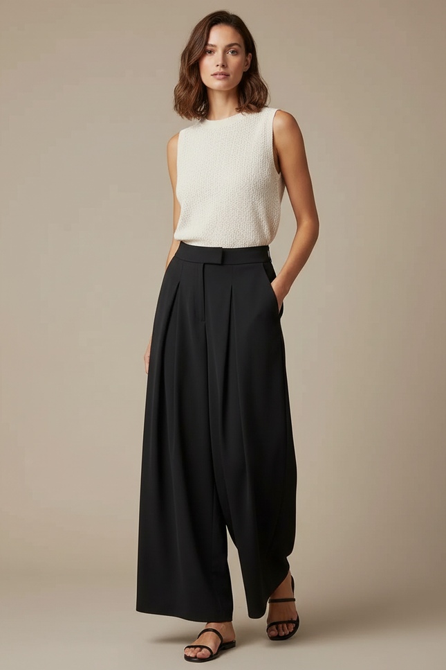 Pantalon À Pince Noir Ample Plissé Fluide Femme - Polyester