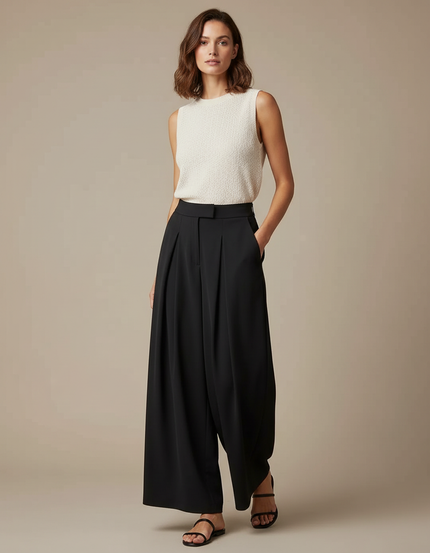 Pantalon À Pince Noir Ample Plissé Fluide Femme - Polyester