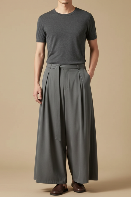 Pantalon À Pince Gris Ample Plissé Fluide Homme - Polyester