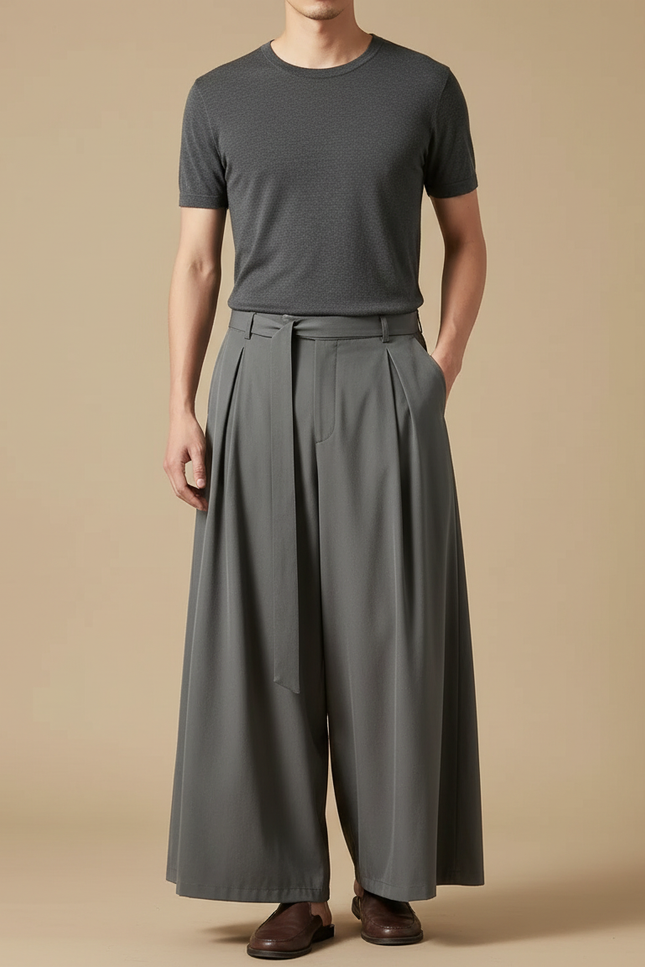 Pantalon À Pince Gris Ample Plissé Fluide Homme - Polyester