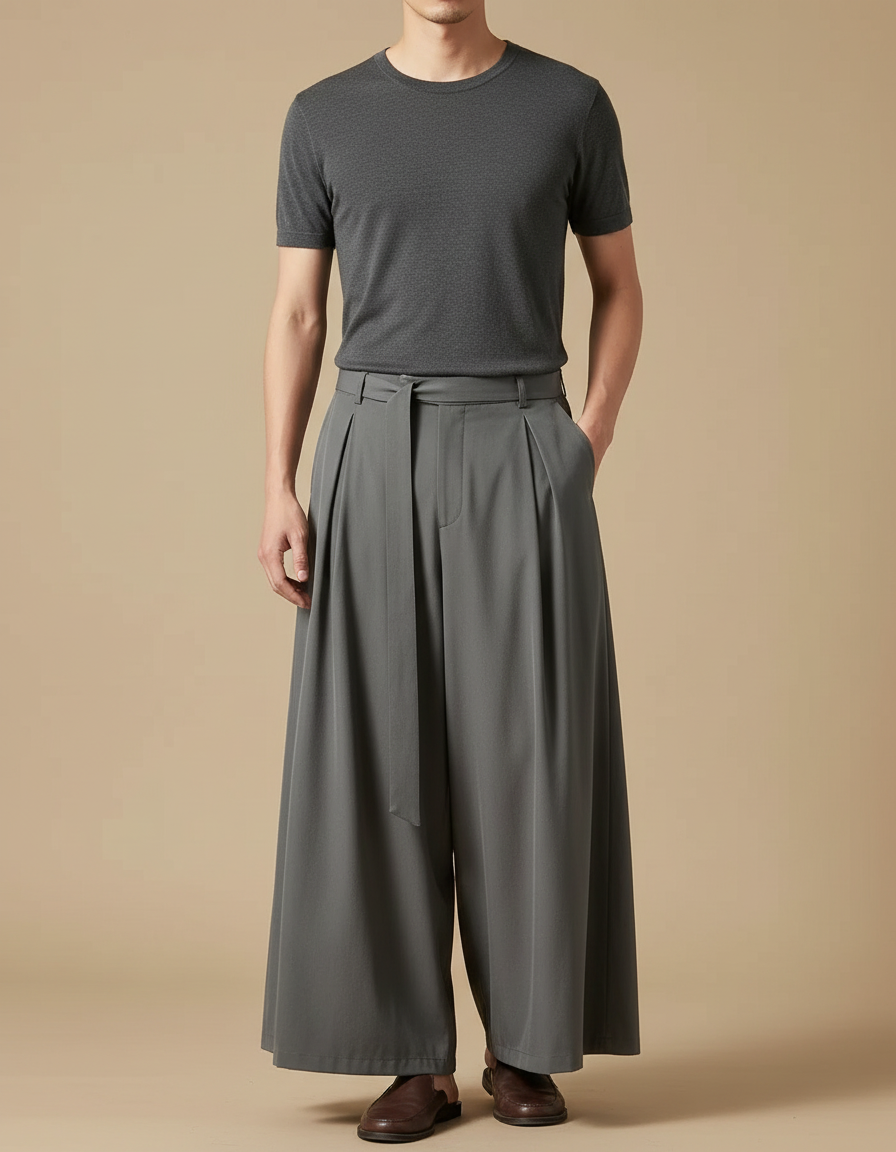 Pantalon À Pince Gris Ample Plissé Fluide Homme - Polyester