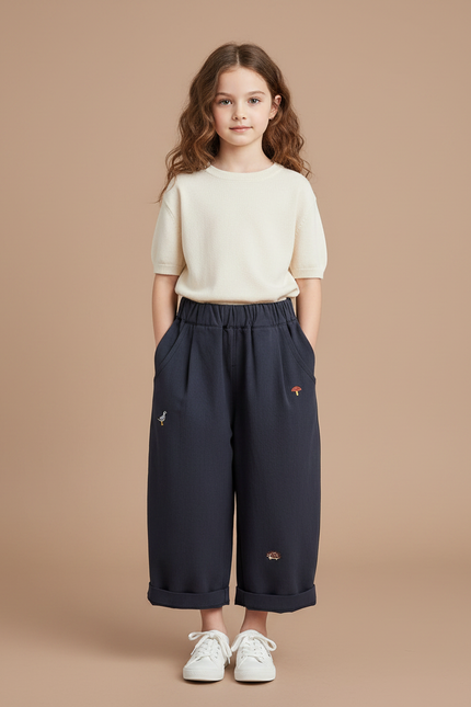 Pantalon À Pince Bleu Marine Brodé Décontracté Large - Cordé