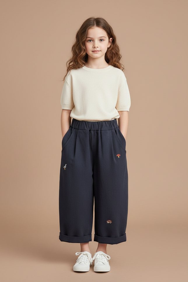 Pantalon À Pince Bleu Marine Brodé Décontracté Large - Cordé