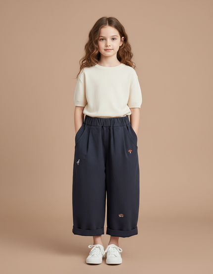 Pantalon À Pince Bleu Marine Brodé Décontracté Large - Cordé