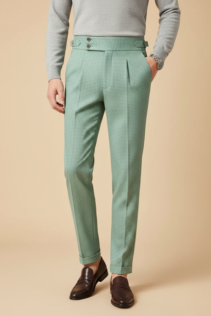 Pantalon À Pince Vert Menthe Plissé Slim Texturé Homme - Laine