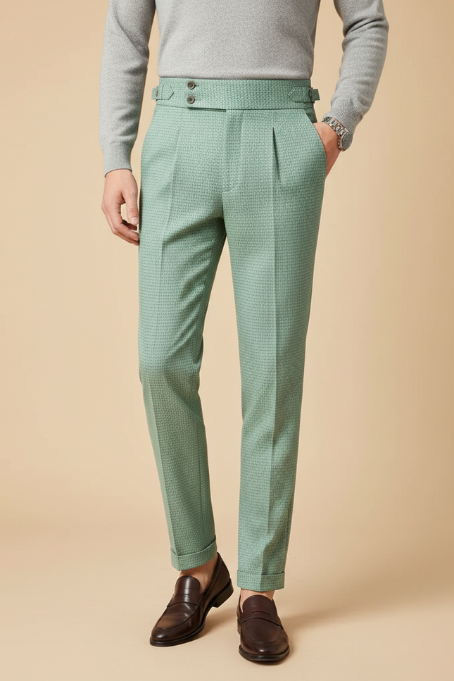 Pantalon À Pince Vert Menthe Plissé Slim Texturé Homme - Laine