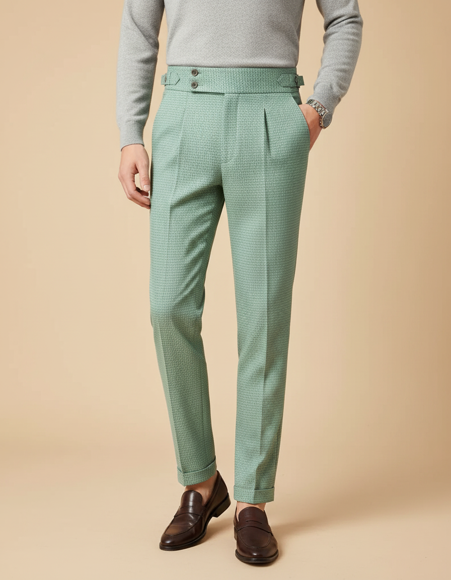 Pantalon À Pince Vert Menthe Plissé Slim Texturé Homme - Laine