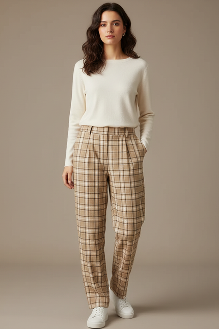 Pantalon À Pince Plaid Marron Ample Taille Haute Femme - Tweed