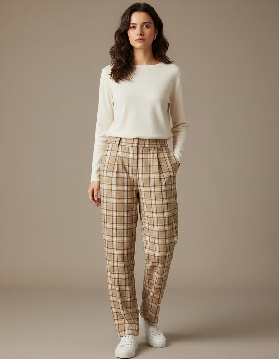 Pantalon À Pince Plaid Marron Ample Taille Haute Femme - Tweed