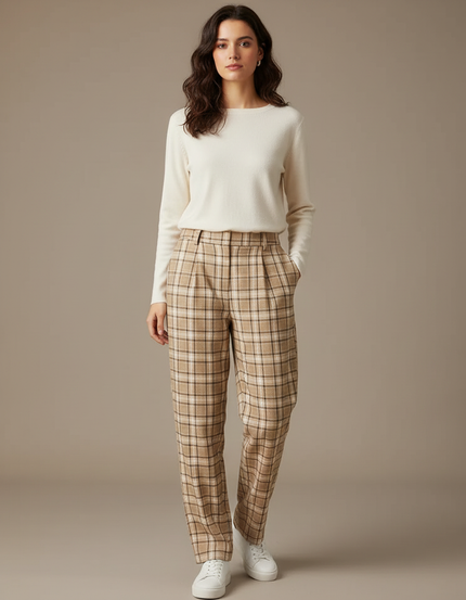 Pantalon À Pince Plaid Marron Ample Taille Haute Femme - Tweed