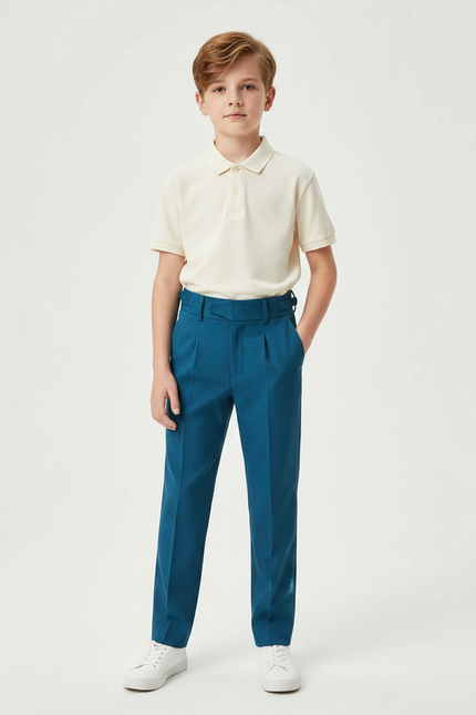 Pantalon À Pince Bleu Canard Slim Garçon Élégant - Gabardine