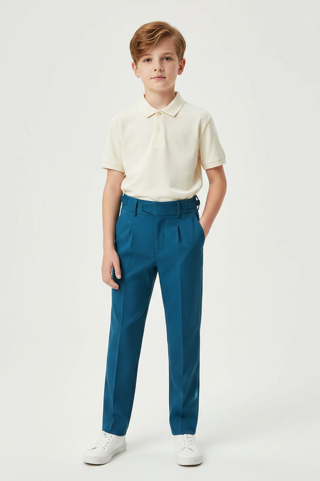 Pantalon À Pince Bleu Canard Slim Garçon Élégant - Gabardine
