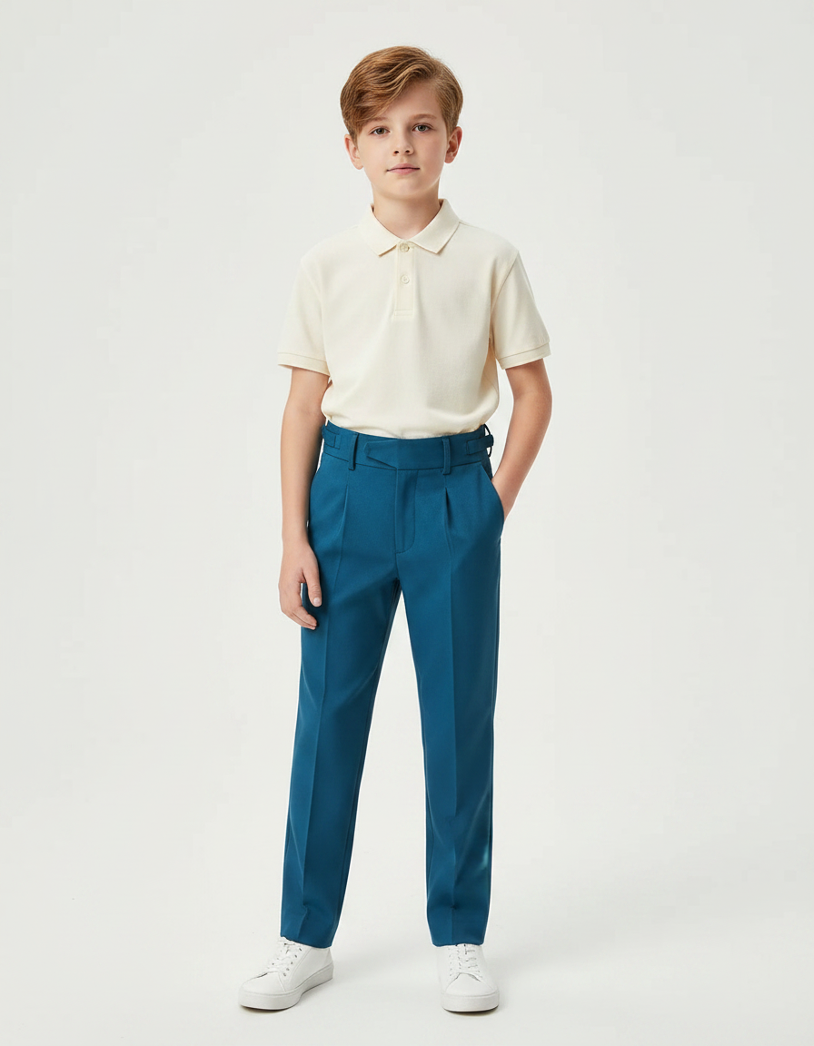 Pantalon À Pince Bleu Canard Slim Garçon Élégant - Gabardine