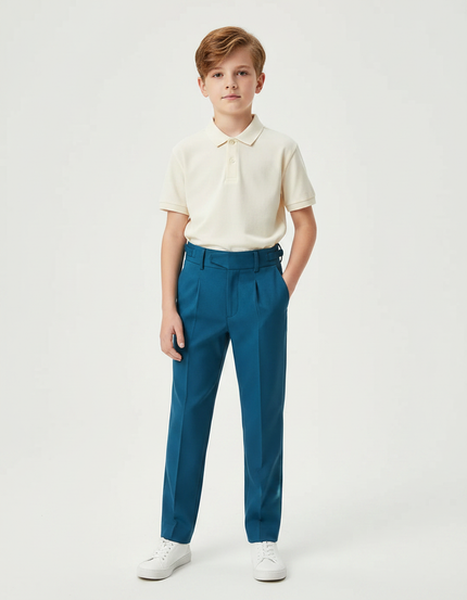 Pantalon À Pince Bleu Canard Slim Garçon Élégant - Gabardine