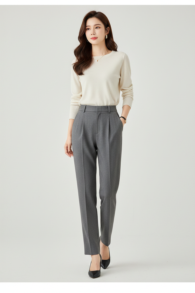 Pantalon À Pince Gris Élégant Taille Haute Droit Femme - Laine