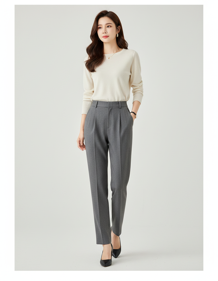 Pantalon À Pince Gris Élégant Taille Haute Droit Femme - Laine