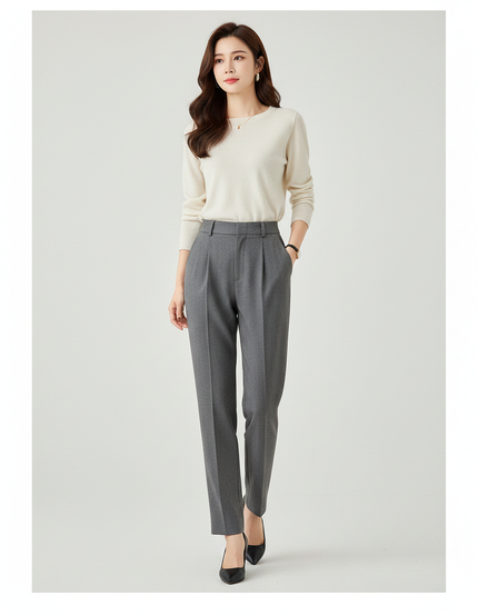 Pantalon À Pince Gris Élégant Taille Haute Droit Femme - Laine
