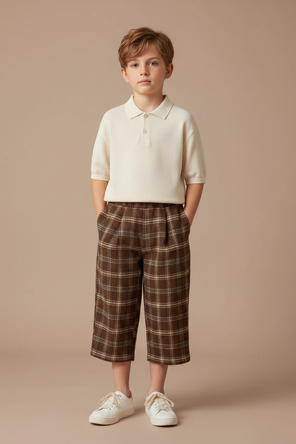 Pantalon À Pince Carreaux Marron Ample Garçon Tissé - Tweed