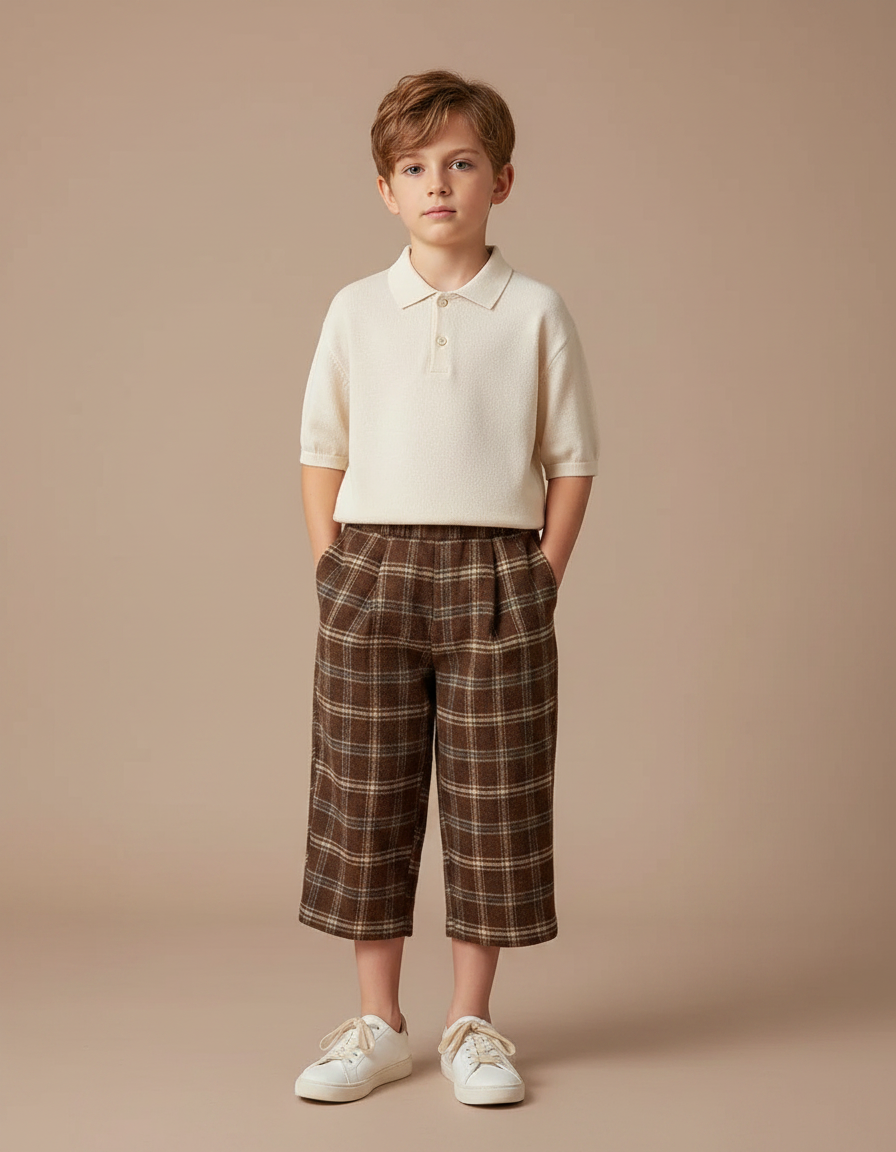 Pantalon À Pince Carreaux Marron Ample Garçon Tissé - Tweed
