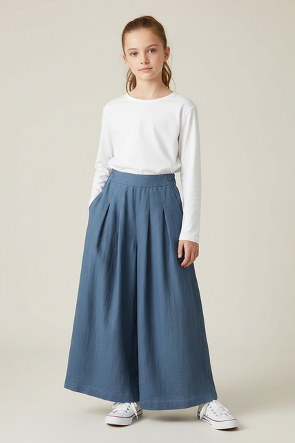 Pantalon À Pince Bleu Coton Ample Fille - Lin