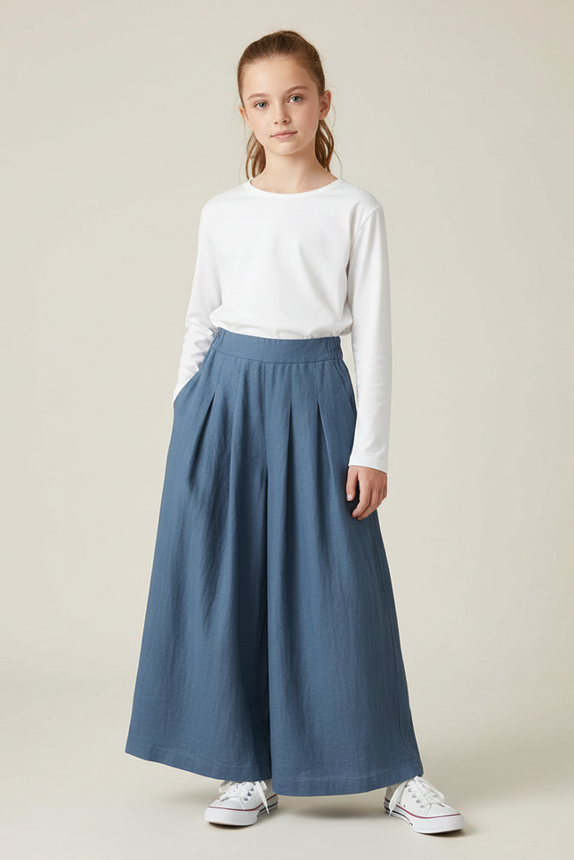 Pantalon À Pince Bleu Coton Ample Fille - Lin