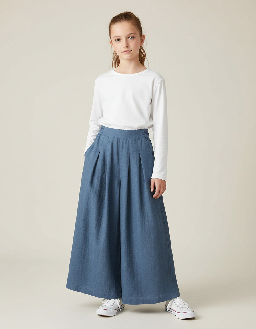 Pantalon À Pince Bleu Coton Ample Fille - Lin