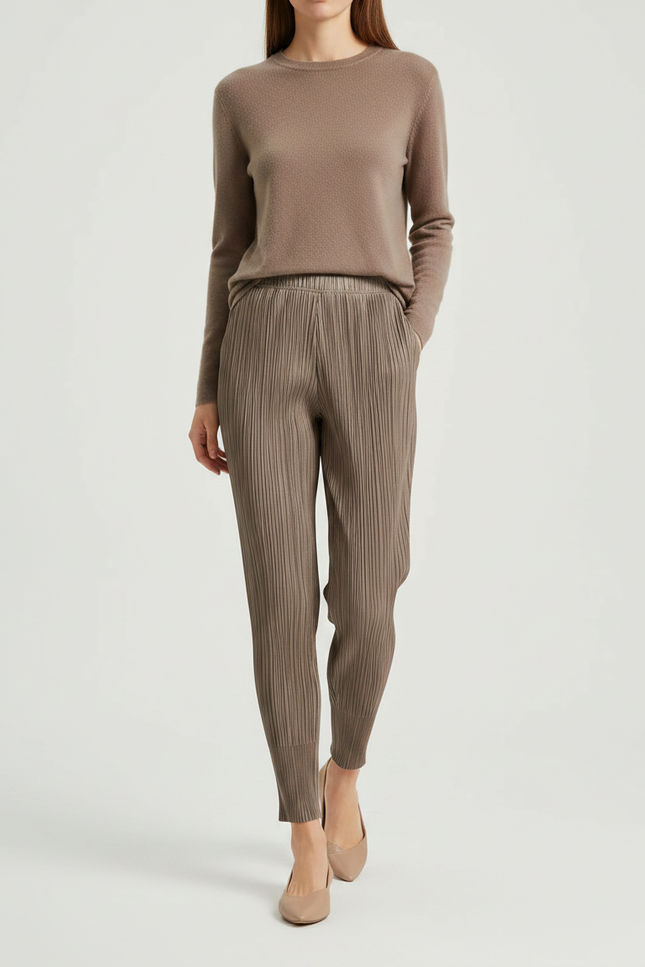 Pantalon À Pince Plissé Marron Décontracté Cheville Fluide - Maille