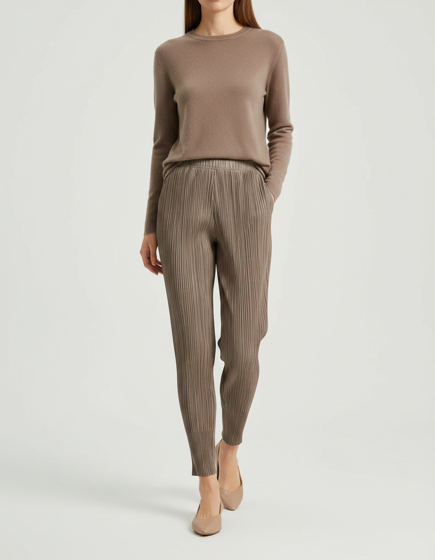 Pantalon À Pince Plissé Marron Décontracté Cheville Fluide - Maille