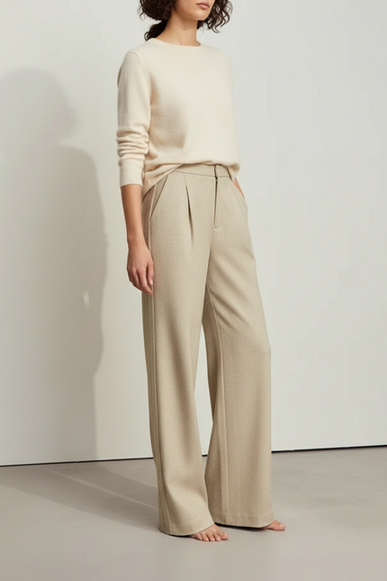 Pantalon À Pince Beige Ample Plissé Hiver - Laine