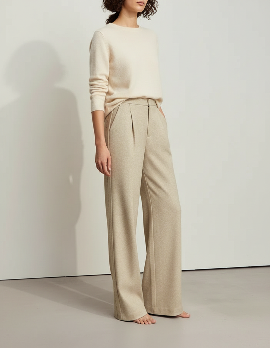 Pantalon À Pince Beige Ample Plissé Hiver - Laine