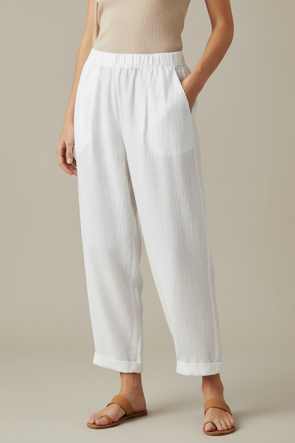Pantalon À Pince Blanc Lin Ample Décontracté Fluide