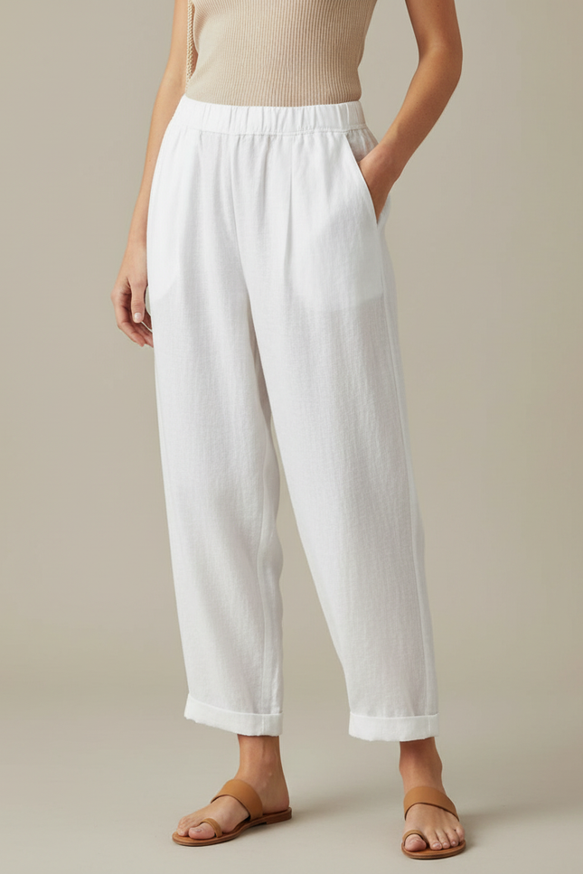 Pantalon À Pince Blanc Lin Ample Décontracté Fluide