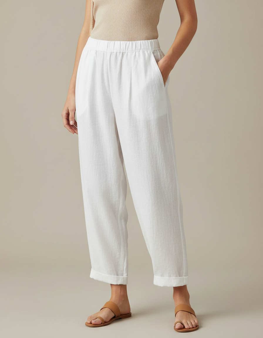 Pantalon À Pince Blanc Lin Ample Décontracté Fluide