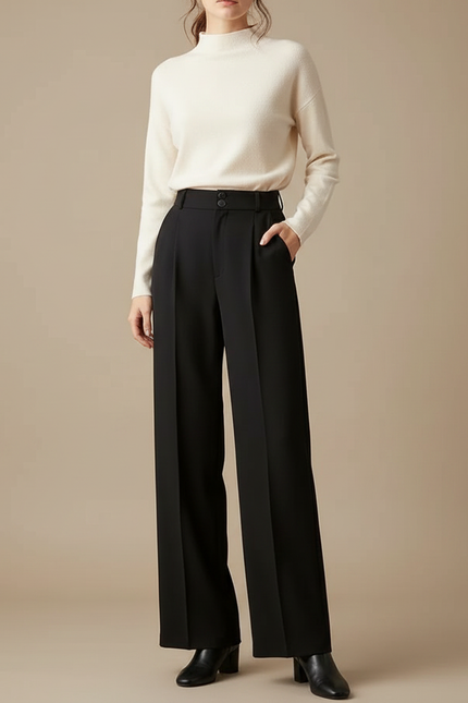 Pantalon À Pince Noir Fluide Taille Haute Élégant - Polyester