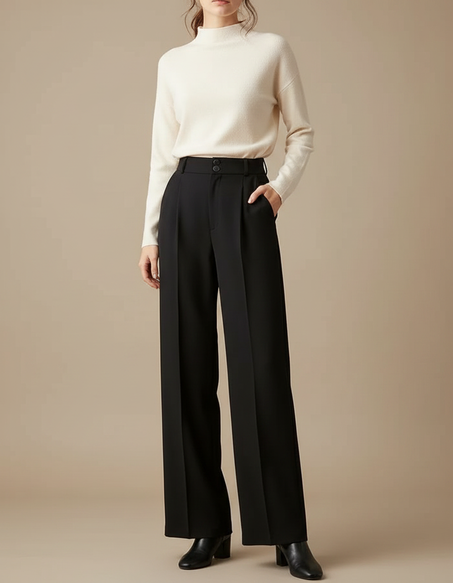 Pantalon À Pince Noir Fluide Taille Haute Élégant - Polyester