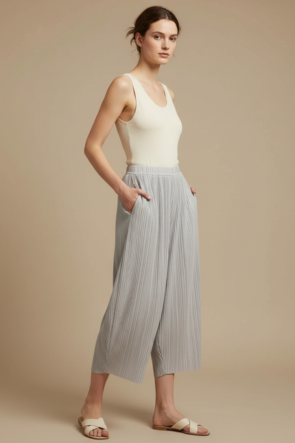 Pantalon À Pince Plissé Gris Fluide Confortable Femme - Polyester