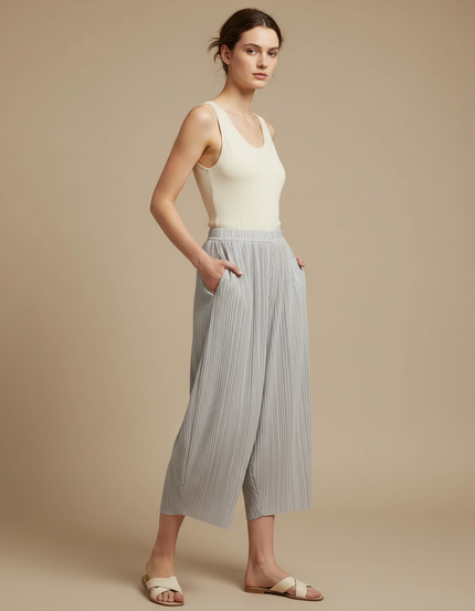 Pantalon À Pince Plissé Gris Fluide Confortable Femme - Polyester