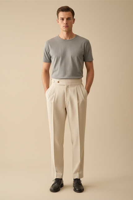 Pantalon À Pince Coupe Droite Homme - Beige Gabardine