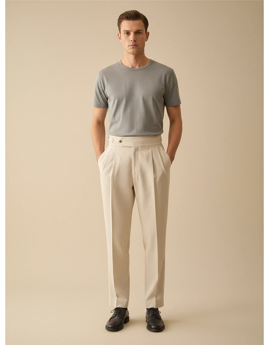 Pantalon À Pince Coupe Droite Homme - Beige Gabardine