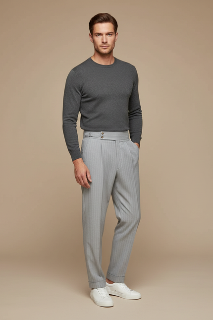 Pantalon À Pince Gris Clair Plissé Rayé Homme - Laine