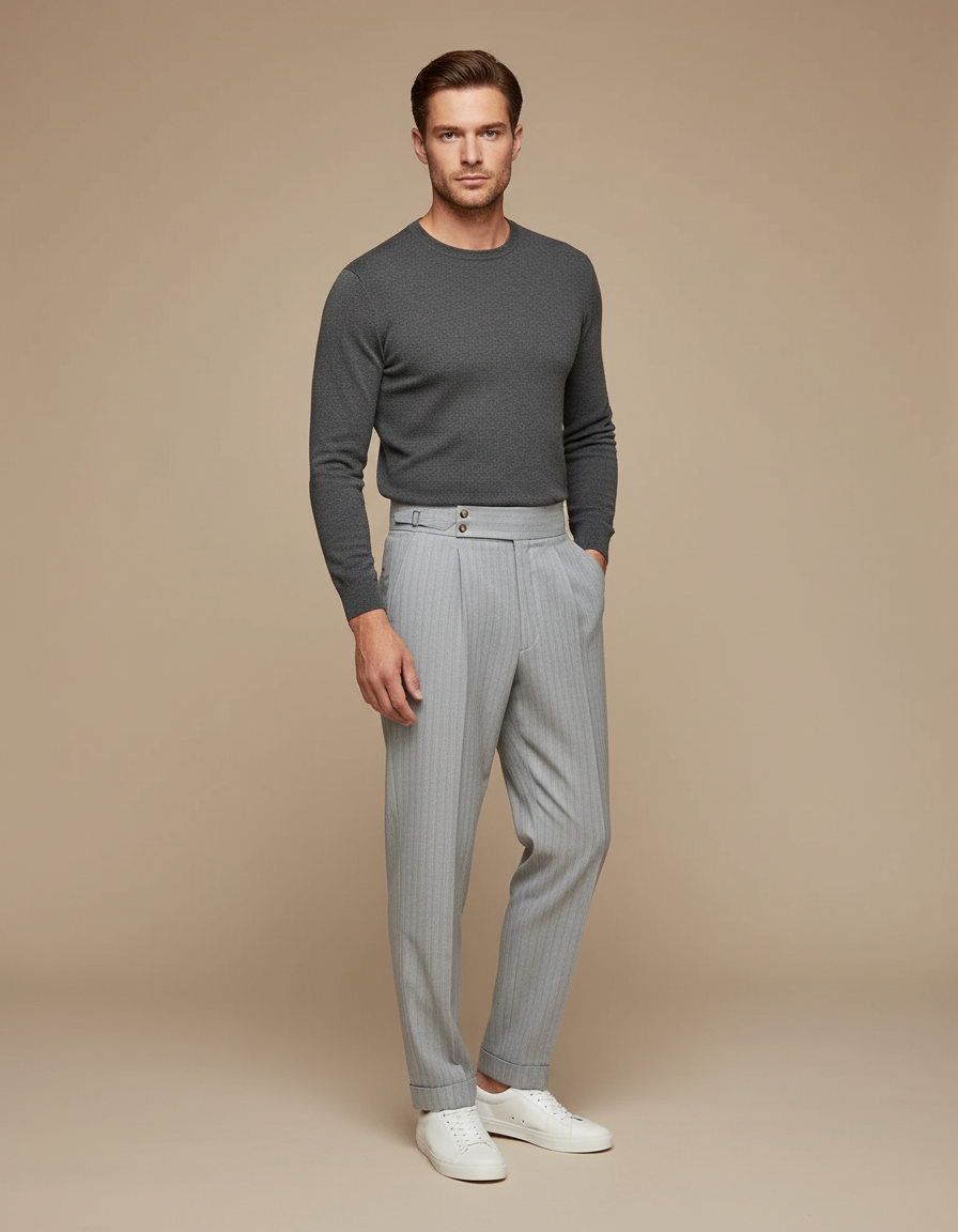 Pantalon À Pince Gris Clair Plissé Rayé Homme - Laine