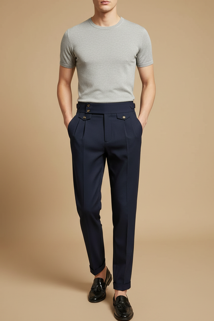 Pantalon À Pince Bleu Marine Plissé Taille Haute Élégant - Gabardine