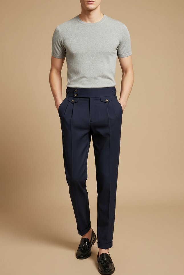 Pantalon À Pince Bleu Marine Plissé Taille Haute Élégant - Gabardine