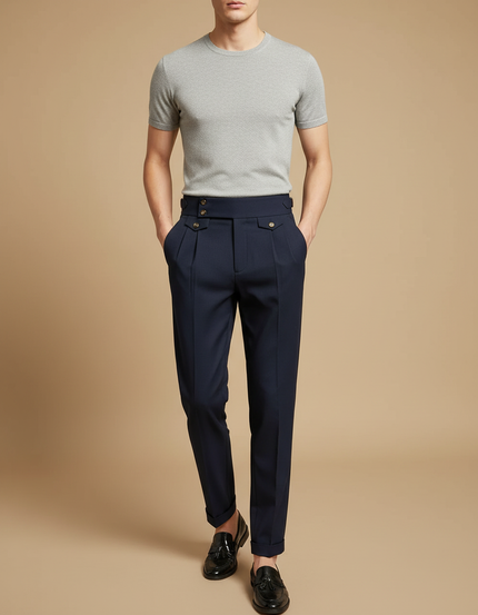 Pantalon À Pince Bleu Marine Plissé Taille Haute Élégant - Gabardine